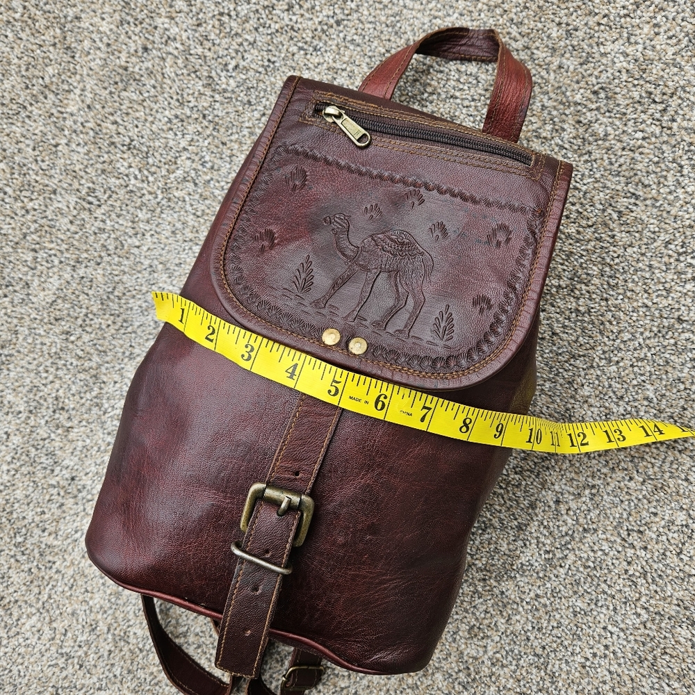 Vintage Camel Tooled Leather Brown Backpack India Unique Flap Top Bag Purse - Picture 9 of 16
